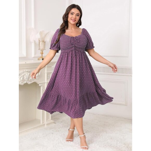 Plus Size Summer Dress Polish Dot Puff Short Sleeve Smocked Ruffle Casual Midi - Picture 4 of 6